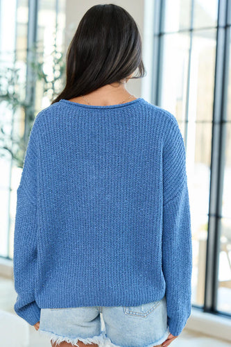 Blue Open Knit V-Neck Sweater