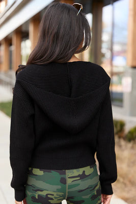 Black Long Sleeve Hooded Zip-Up Sweater