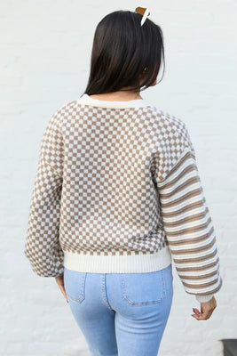 Checkered And Stripes Brown And Cream Cardigan