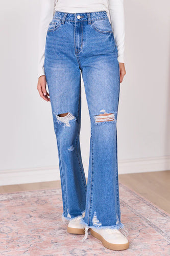 Medium Wash Distressed Wide Leg Jeans