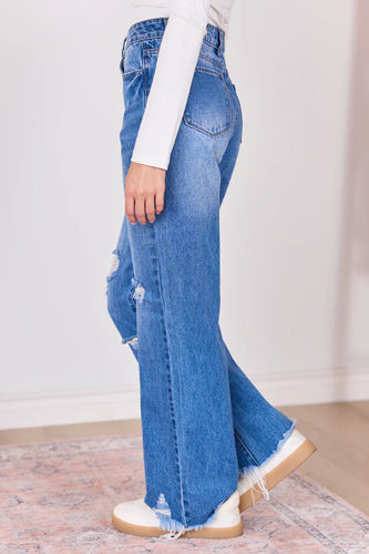 Medium Wash Distressed Wide Leg Jeans
